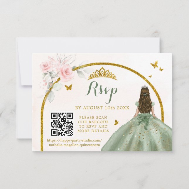 Sage Green Gold Princess Butterfly Mis Quince QR RSVP Karte (Vorderseite)