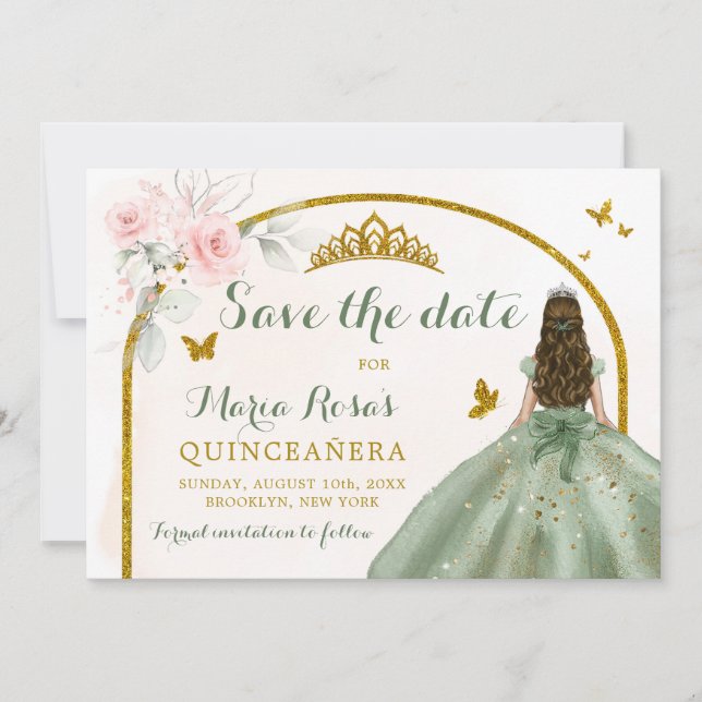 Sage Green Gold Princess Butterfly Quinceañera Einladung (Vorderseite)
