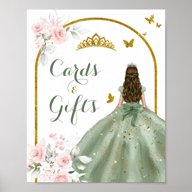 Sage Green Gold Princess Quinceañera Card & Gesche Poster (Vorne)