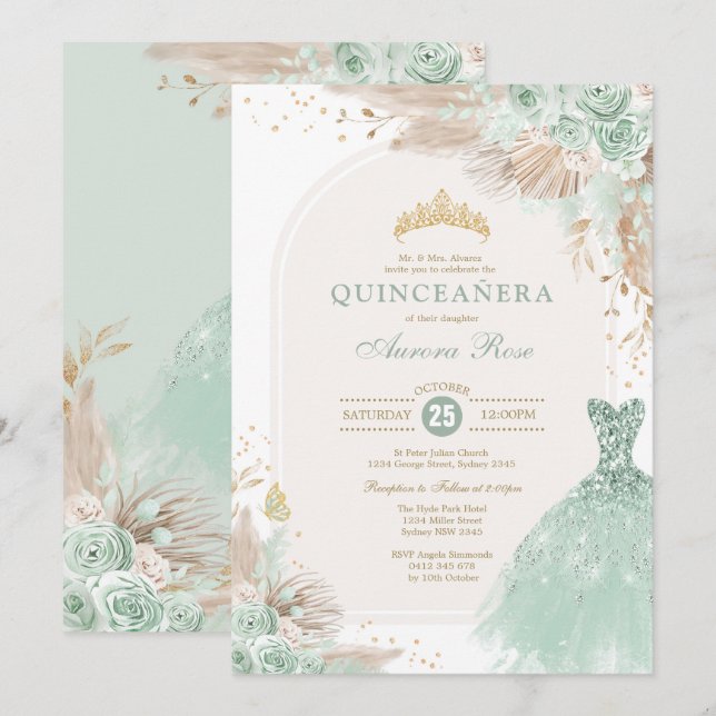 Sage Green Gold Quinceañera Boho 15. Geburtstag Einladung (Vorne/Hinten)