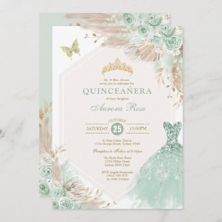 Sage Green Gold Quinceañera Boho Floral Geburtstag Einladung