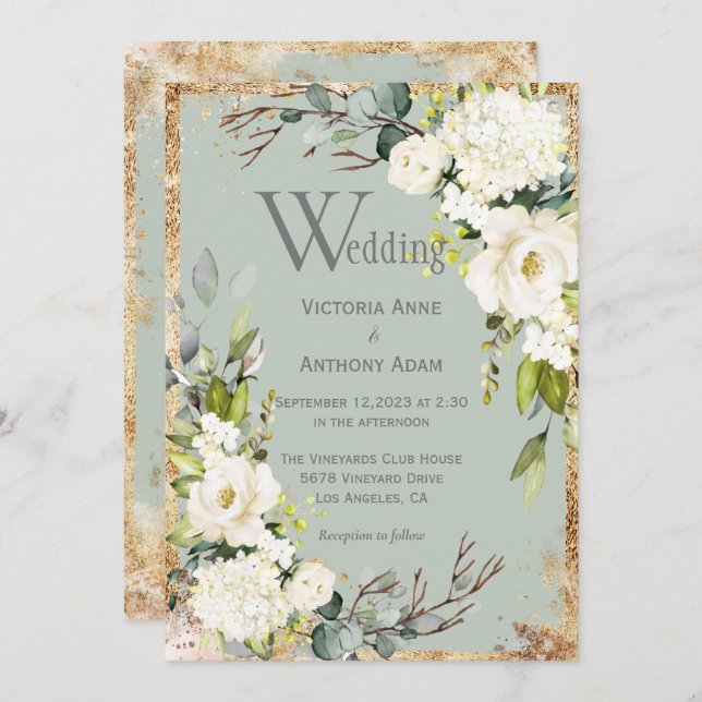 Sage Green Gold Rustic Floral Wedding Einladung (Vorne/Hinten)