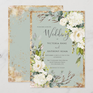 Sage Green Gold Rustic Floral Wedding Einladung