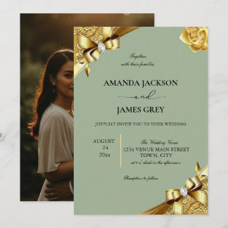 Sage Green Gold String Lights Photo Wedding Invita Einladung