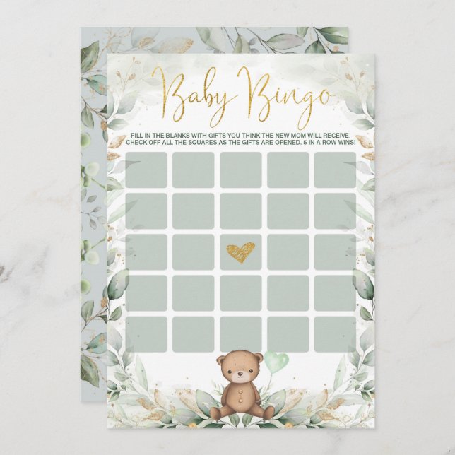 Sage Green Gold Teddy Bear Bingo Baby Showspiel Einladung (Vorne/Hinten)