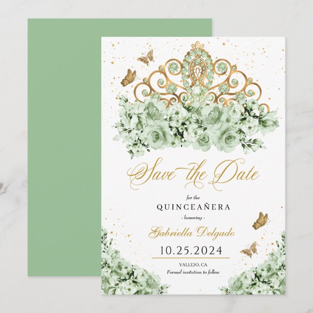 Sage Green & Gold Tiara Save the Date Quinceañera Einladung (Vorne/Hinten)