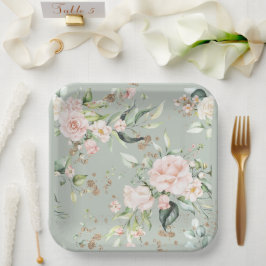 Sage Green Gold Wasserfarben Floral Botanisch Pappteller