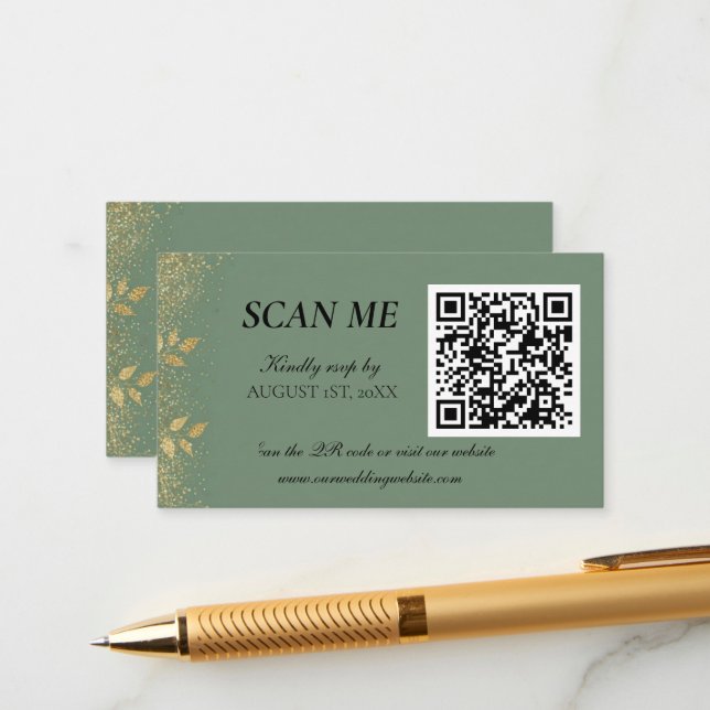 Sage Green Gold Wedding QR Code RSVP Begleitkarte (Vorderseite/Rückseite Beispiel)