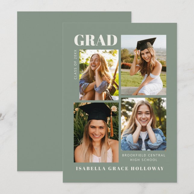 Sage Green Grad Announcement With Photos Einladung (Vorne/Hinten)