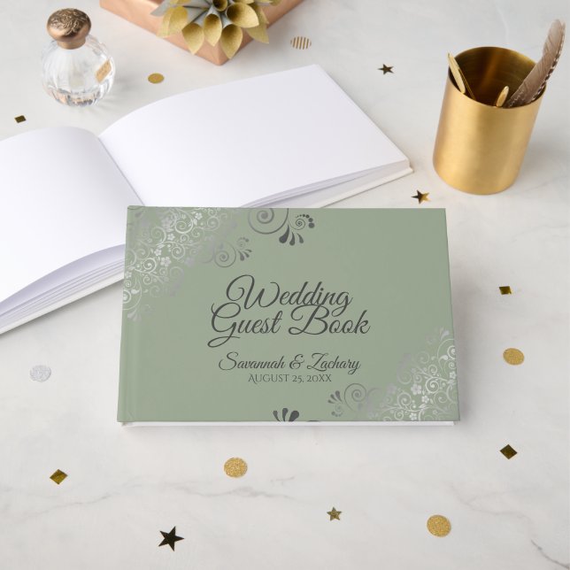 Sage Green & Gray Frilly Filigree Elegante Wedding Gästebuch (Vorderseite Offen)