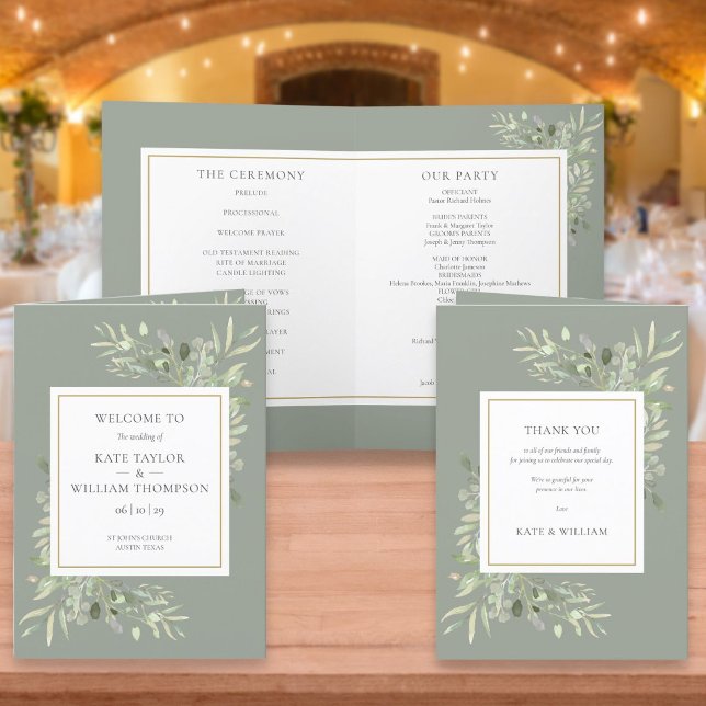 Sage Green Green Foliage Hochzeit Programm (Von Creator hochgeladen)
