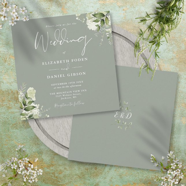 Sage Green Greenery Floral Monogram Square Wedding Einladung (Sage Green Greenery Floral Monogram Square Wedding Invitation)