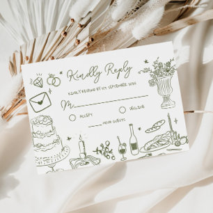 Sage Green Hand Drawing Whimsical Wedding RSVP Begleitkarte