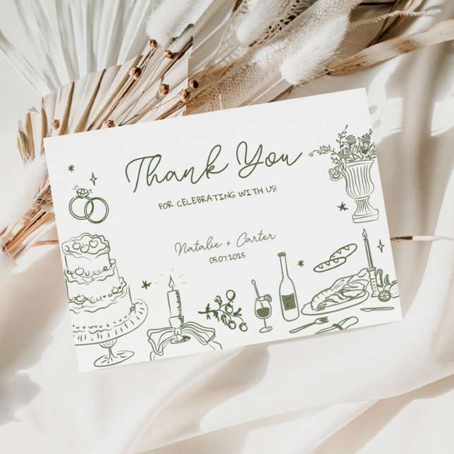 Sage Green Hand Drawn Whimsical Wedding Danke Begleitkarte (Von Creator hochgeladen)