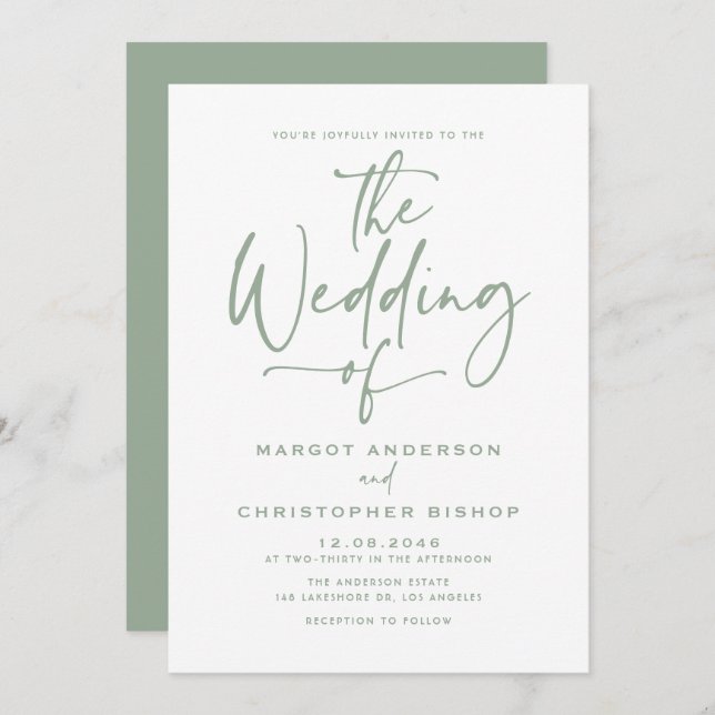 Sage Green Hand Letter Calligrafy Wedding Einladung (Vorne/Hinten)