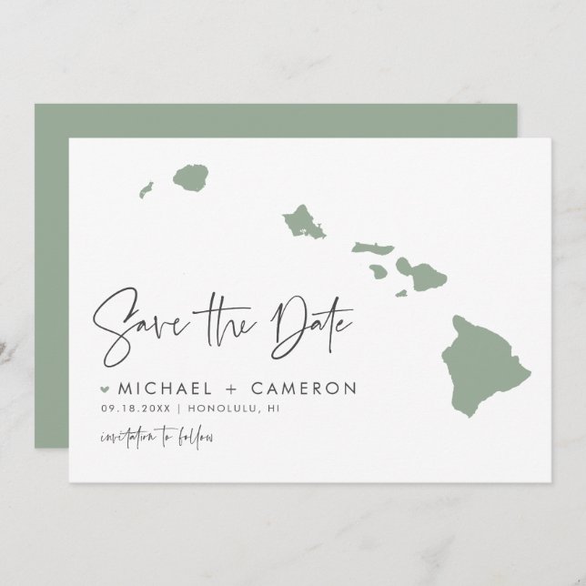 Sage Green Hawaii Map Modernes Minimalistisches Sk Save The Date (Vorne/Hinten)