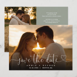 Sage Green Heart Script Foto Hochzeitsskript QR Co Save The Date