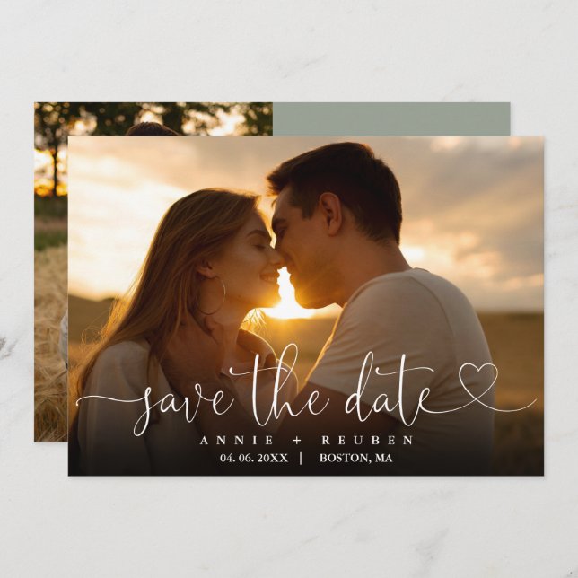 Sage Green Heart Script Foto Hochzeitsskript QR Co Save The Date (Vorne/Hinten)