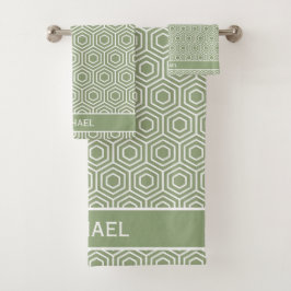 Sage Green Hexagon Honeycomb Mustername Badhandtuch Set
