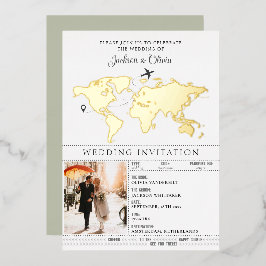Sage Green Hochzeit in Urlaubsort Passport Folieneinladung