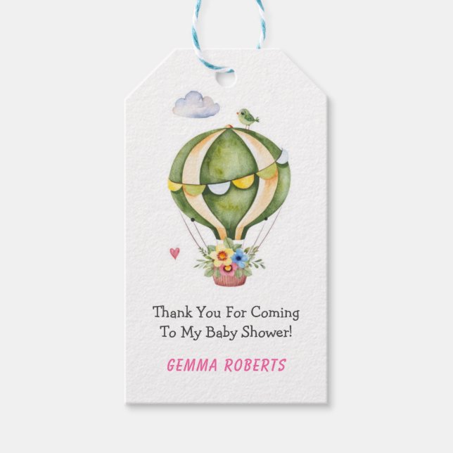 Sage Green Hot Air Ballon Babydusche Danke Geschenkanhänger (Vorderseite)