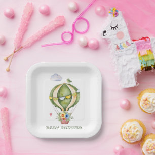 Sage Green Hot Air Ballon Floral Girl Babydusche Pappteller