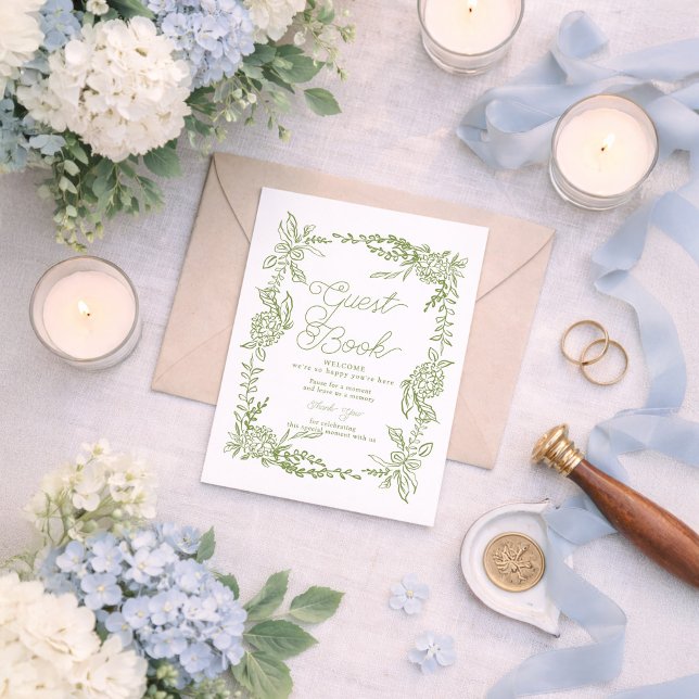 Sage Green Hydrangea Guest Book Table Sign Einladung (Von Creator hochgeladen)