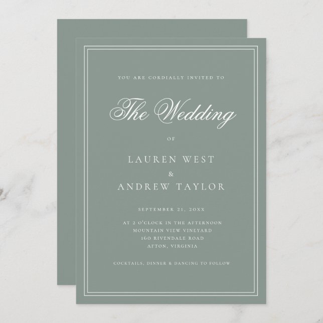 Sage Green II Moderne Minimalistische Hochzeitsein Einladung (Vorne/Hinten)