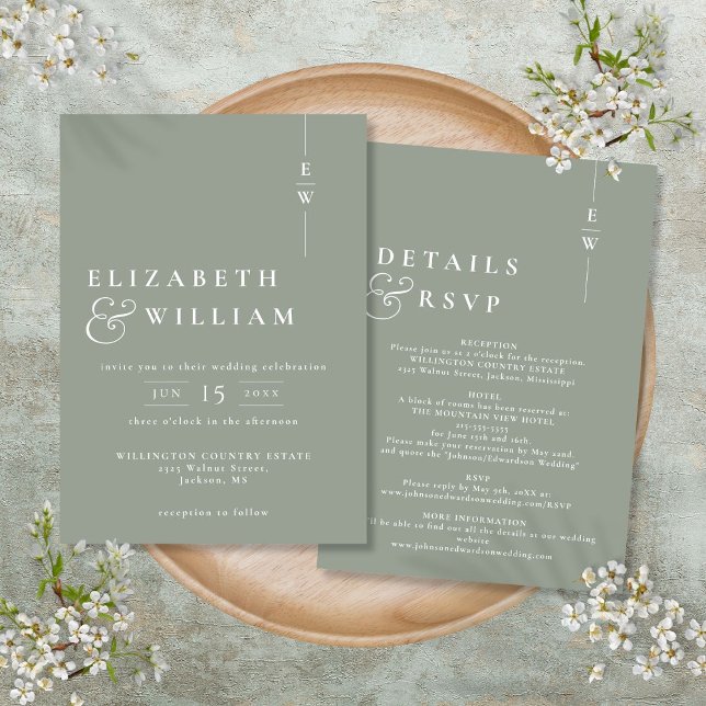 Sage Green in einem modernen Monogramm-Hochzeitsti Einladung (Sage Green All In One Modern Monogram Wedding Invitation)