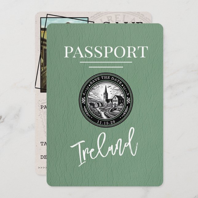 Sage Green Ireland Passport Save the Date (Vorne/Hinten)