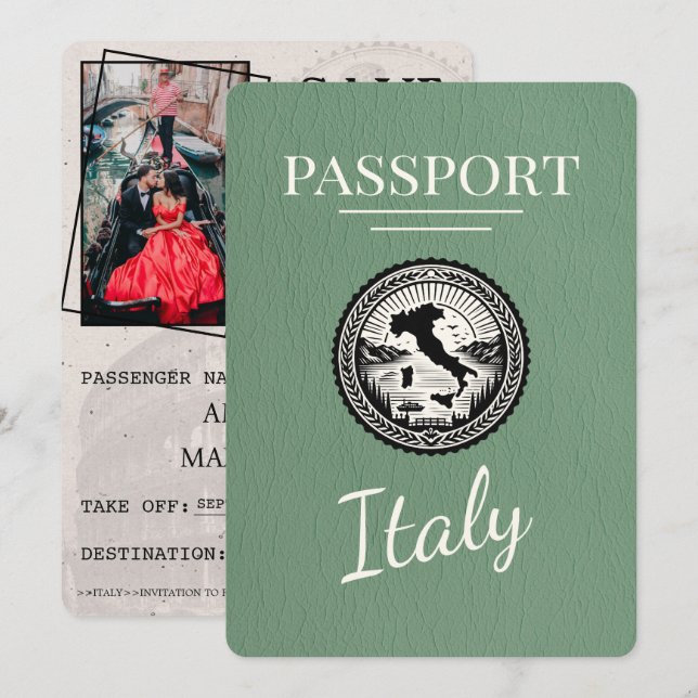 Sage Green Italy Passport Save The Date (Vorne/Hinten)