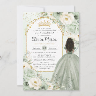 Sage Green Ivory Floral Brown Girl Quinceañera Einladung