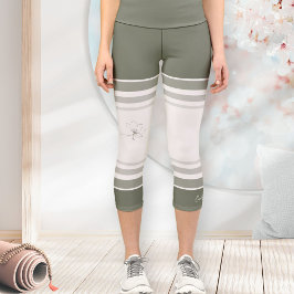 Sage Green Ivory Floral Line Art Athletic Stripes Capri Leggings