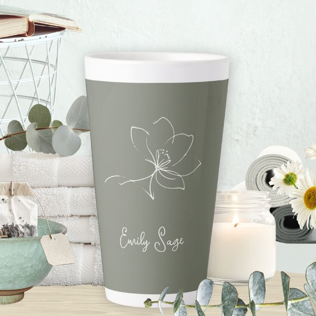 Sage Green Ivory Floral Line Art Minimalist Zen Milchtasse (Minimalist Floral Line Art Zen Ivory Sage Green Latte Mug ©Susanne Sachers - Sunny Wanderlust 🌞✈️)