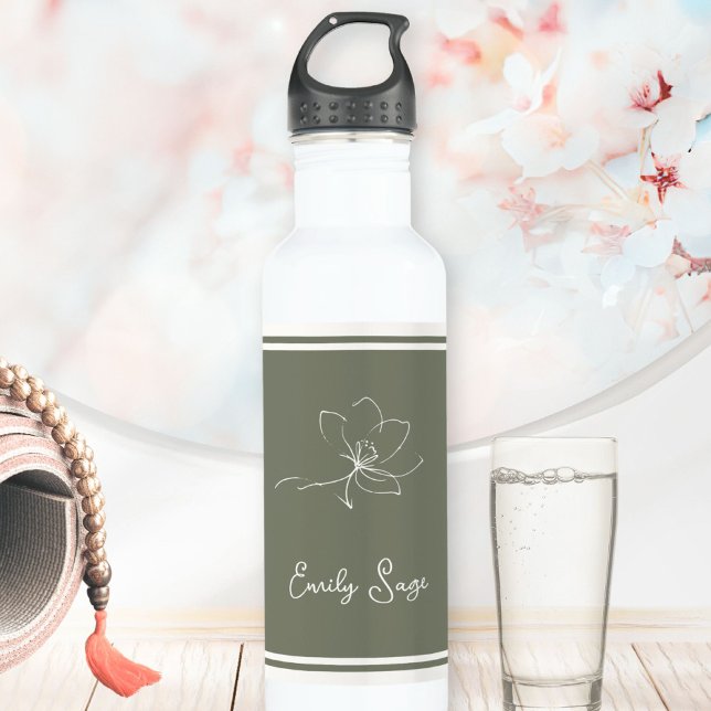 Sage Green Ivory Floral Line Art Striped Edelstahlflasche (Minimalist Floral Line Art Zen Sage Green Ivory Stainless Steel Water Bottle ©Sunny Wanderlust 🌞✈️)