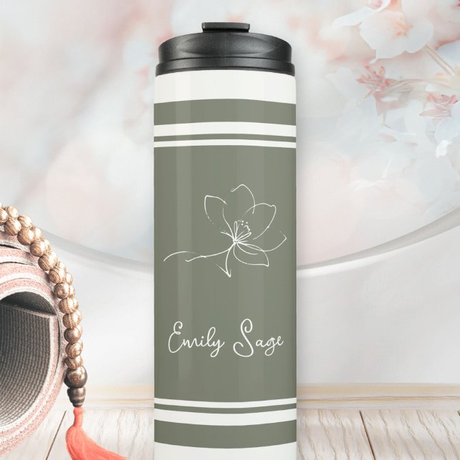 Sage Green Ivory Floral Line Art Striped Thermosbecher (Minimalist Floral Line Art Zen Sage Green Ivory Thermal Tumbler ©Susanne Sachers - Sunny Wanderlust )