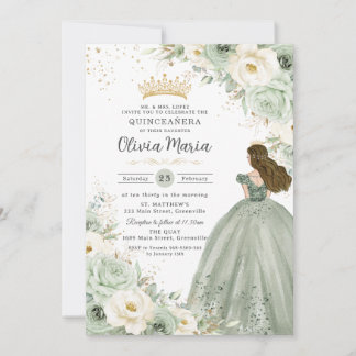 Sage Green Ivory Floral Prinzessin Quinceañera XV Einladung