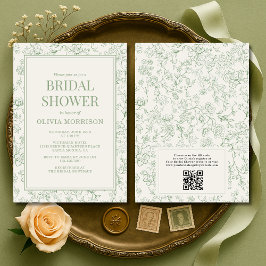 Sage Green Ivory French QR Code Bridal Shower Einladung