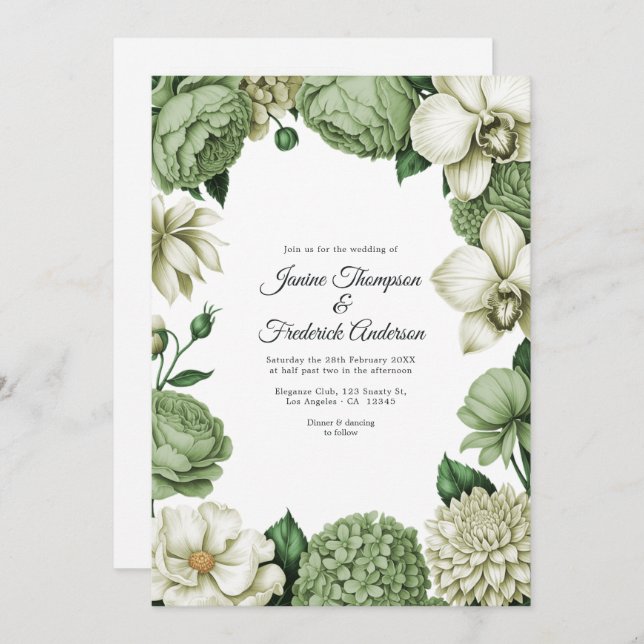 Sage Green & Ivory Watercolor Floral Wedding Einladung (Vorne/Hinten)