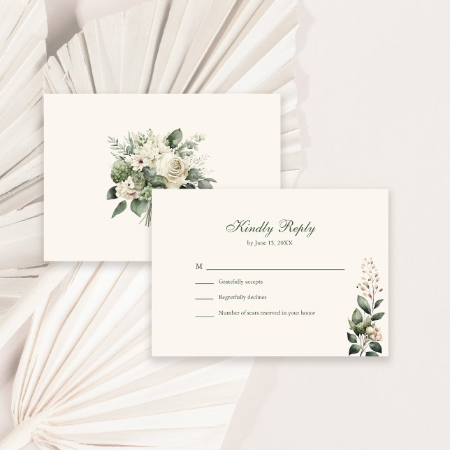 Sage Green & Ivory Wildblumen Hochzeit RSVP Card Dankeskarte (Sage Green & Ivory Wildflowers Wedding RSVP Card on a sunny white table with dry palm leaf.)