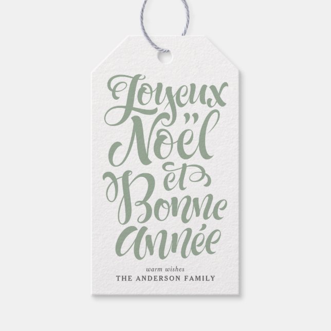 Sage Green Joyeux Noël und Bonne Année Calligraphy Geschenkanhänger (Vorderseite)