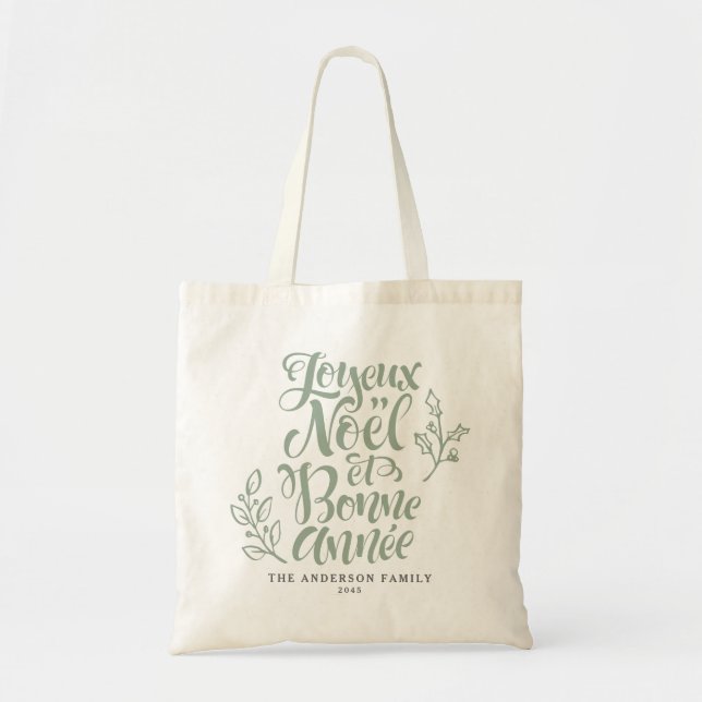 Sage Green Joyeux Noël und Bonne Année Script Tragetasche (Vorne)