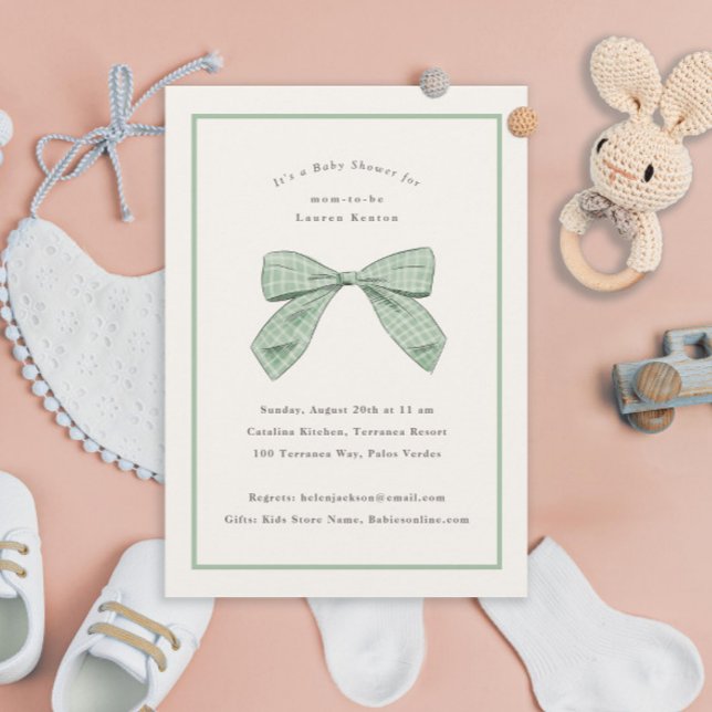 Sage Green Kariert Bow Elegant Baby Shower Einladung (Von Creator hochgeladen)