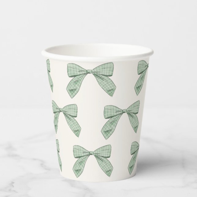 Sage Green Kariert Bow Elegant Boy Baby Showroom Pappbecher (Vorderseite)
