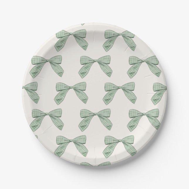 Sage Green Kariert Bow Elegant Boy Baby Showroom Pappteller (Vorderseite)