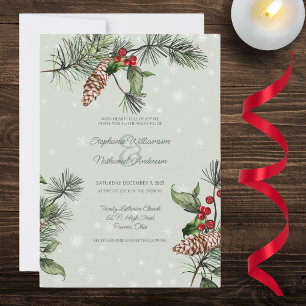 Sage Green Kiefer & Stechpalme im Schnee Hochzeit Einladung