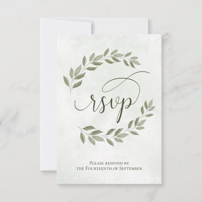 Sage Green Laurel Verlasse Rustikale Hochzeit RSVP Karte (Vorderseite)