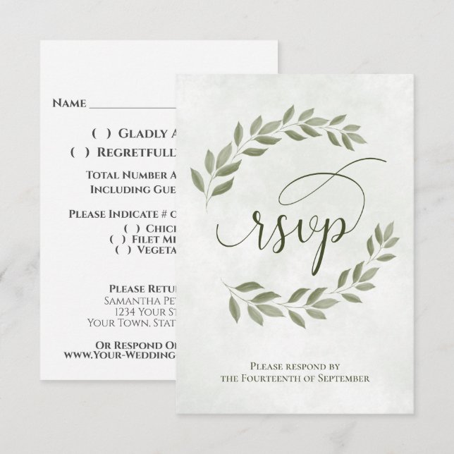Sage Green Laurel Verlasse Rustikale Hochzeit RSVP Karte (Vorne/Hinten)