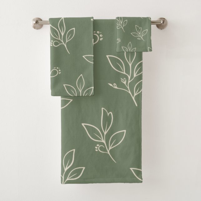 Sage Green Leaf Bathroom Towel Set (Insitu)