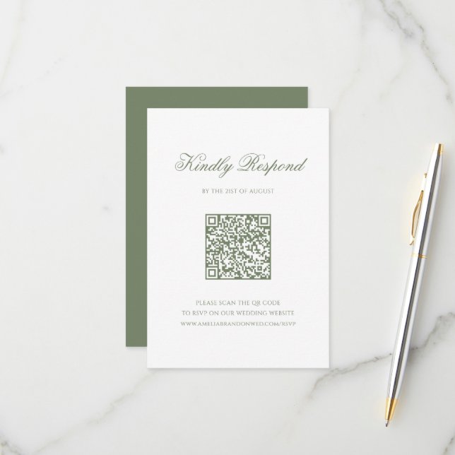 Sage Green Leaf Monogram Wappen QR Code Hochzeiten RSVP Karte (Vorderseite/Rückseite Beispiel)